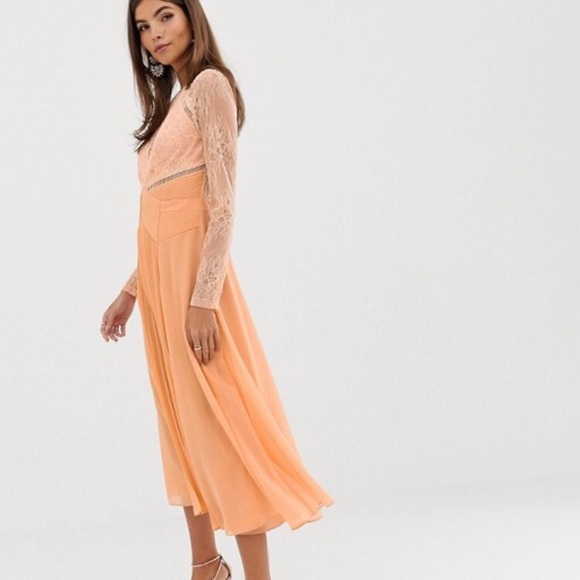 ASOS long sleeve lace panelled pleat midi dress - Picture 4 of 4